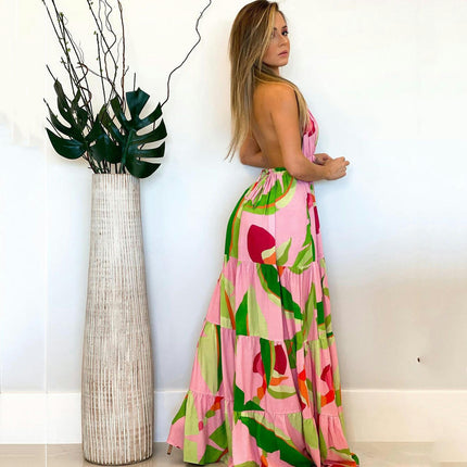 Womens Summer Print Sleeveless Halter V Neck Backless Flowy Maxi Dress