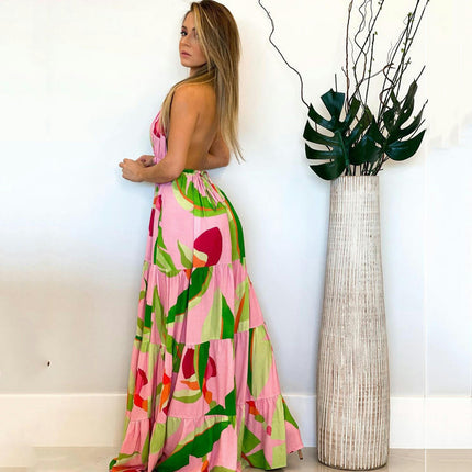 Womens Summer Print Sleeveless Halter V Neck Backless Flowy Maxi Dress