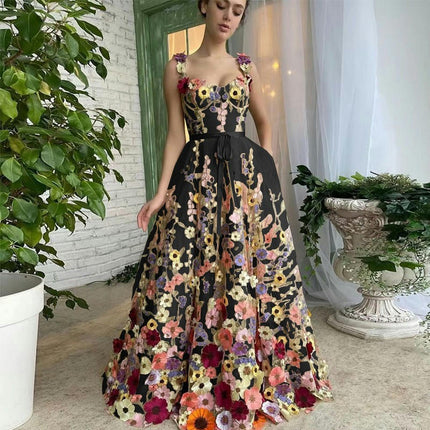 Women's Summer Floral Embroidery Long Dresses Spaghetti Strap Sleeveless Maxi Dress