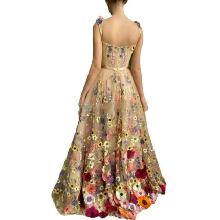 Women's Summer Floral Embroidery Long Dresses Spaghetti Strap Sleeveless Maxi Dress