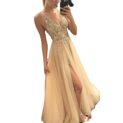 Sparkly Sequin Appliques Tulle Prom Dresses Long Deep V Neck Formal Evening Party Gown