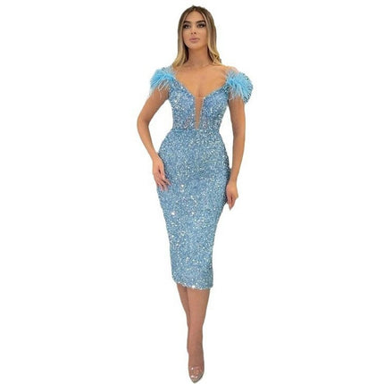 Sparkly Sequin Prom Dresses Off Shoulder Midi V Neck Evening Bodycon Party Gown