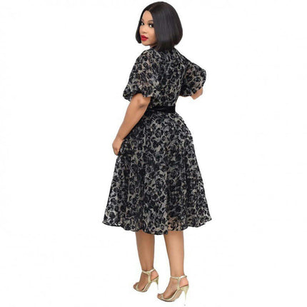 Women's Summer Floral Tulle Midi Dresses Crew Neck Puff Short Sleeve A Line Flowy Dress