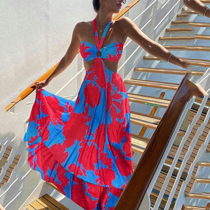 Womens Summer Sleeveless Halter Neck Tie Backless Cut Out Sexy Flowy Maxi Dress