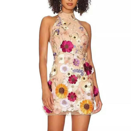 Women's Floral Bodycon Halter Neck Mini Dress Backless Sleeveless Summer Dress