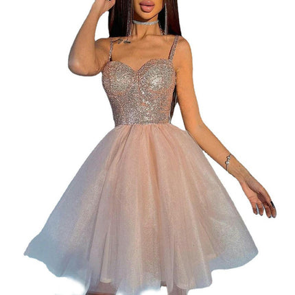 Spaghetti Strap Short Dress for Teens Sprakly Glitter Tulle Mini Prom Party Cocktail Gowns