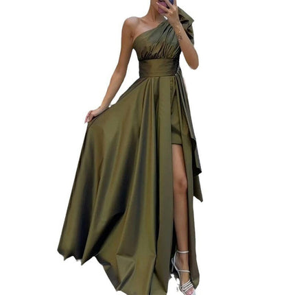 Women's One Shoulder Prom Dress with Bow Sleeveless Split Long Party Dresses