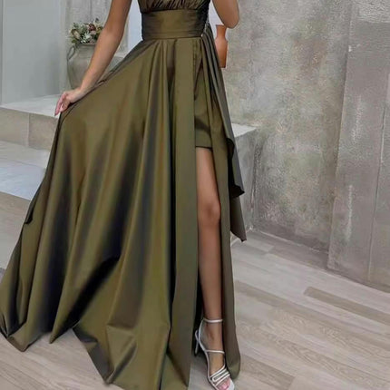 Women's One Shoulder Prom Dress with Bow Sleeveless Split Long Party Dresses