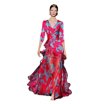 Women Summer V Neck 3/4 Sleeves Maxi Dresses Floral Tiered Ruffled Long Dress