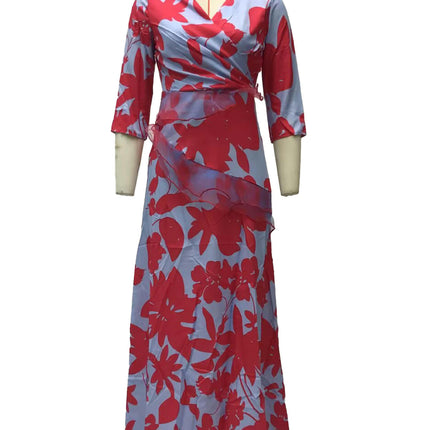 Women Summer V Neck 3/4 Sleeves Maxi Dresses Floral Tiered Ruffled Long Dress