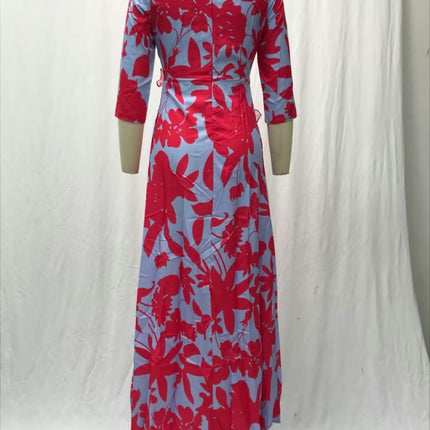 Women Summer V Neck 3/4 Sleeves Maxi Dresses Floral Tiered Ruffled Long Dress