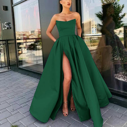 Prom Dresses Satin Ball Gown Strapless Slit Long Formal Evening Party Gowns for Women