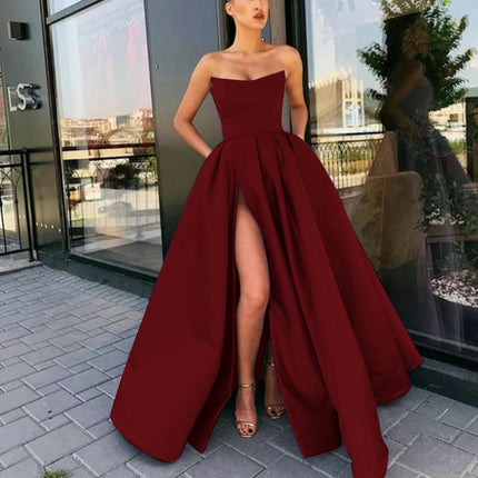 Prom Dresses Satin Ball Gown Strapless Slit Long Formal Evening Party Gowns for Women