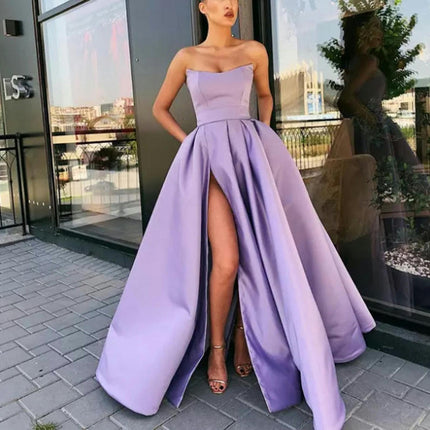 Prom Dresses Satin Ball Gown Strapless Slit Long Formal Evening Party Gowns for Women