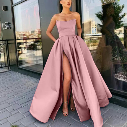 Prom Dresses Satin Ball Gown Strapless Slit Long Formal Evening Party Gowns for Women