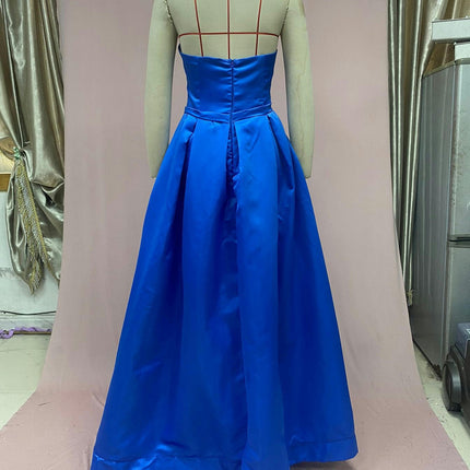 Prom Dresses Satin Ball Gown Strapless Slit Long Formal Evening Party Gowns for Women