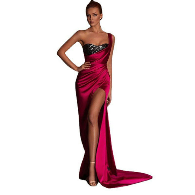 Women's Sequin Prom Dresses Satin Ball Gown Slit One Shoulder Formal Evening Gowns