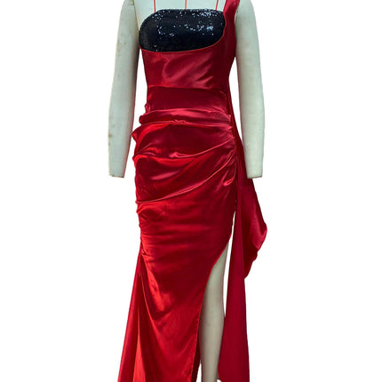 Women's Sequin Prom Dresses Satin Ball Gown Slit One Shoulder Formal Evening Gowns