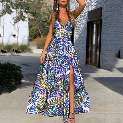 Women's Summer V Neck Spaghetti Strap Dresses Slip Flowy Flower Maxi Dress