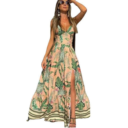 Women's Summer V Neck Spaghetti Strap Dresses Slip Flowy Flower Maxi Dress