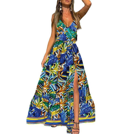 Women's Summer V Neck Spaghetti Strap Dresses Slip Flowy Flower Maxi Dress