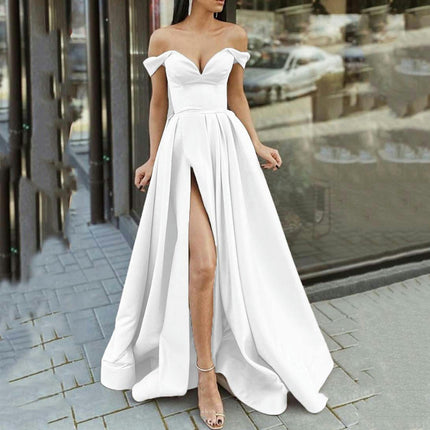 Women's Off The Shoulder Prom Dresses Long Slit Ruched Formal Evening Dresses