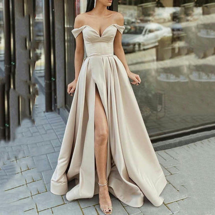 Women's Off The Shoulder Prom Dresses Long Slit Ruched Formal Evening Dresses