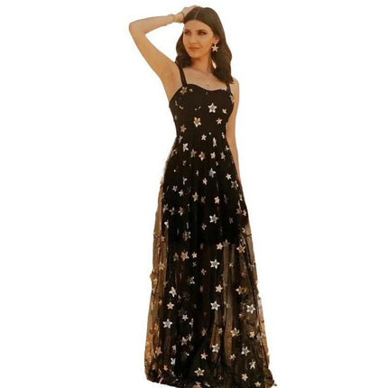 Women's Sequin Tulle Long Dresses Spaghetti Strap Sleeveless A Line Flowy Maxi Dress