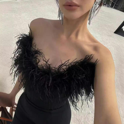 Womens Sexy Feather Prom Tube Dresses Strapless Evening Gowns Cocktail Maxi Dress