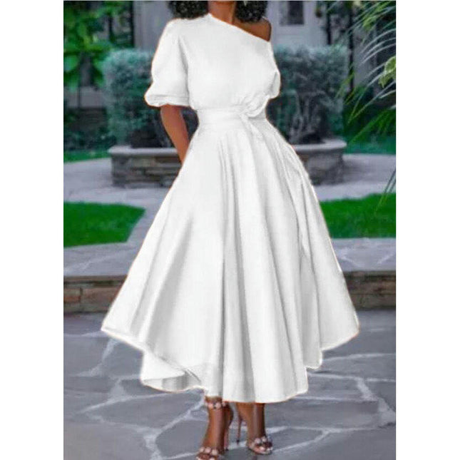 Women's One Shoulder Dresses Short Sleeves Tie Waist A Line Flowy Midi Dress