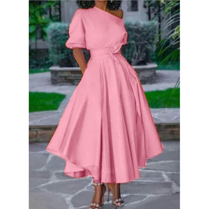 Women's One Shoulder Dresses Short Sleeves Tie Waist A Line Flowy Midi Dress