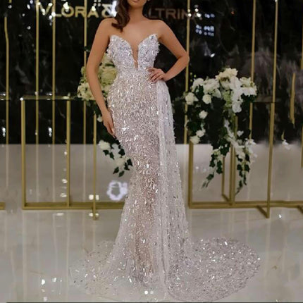 Strapless Prom Dresses for Women Long Sequin Formal Evening Gowns Tulle Dress