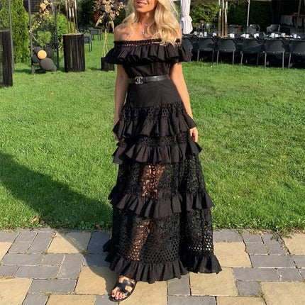 Women's Summer Floral Lace Maxi Dress Ruffled Off The Shoulder A Line Flowy Dresses