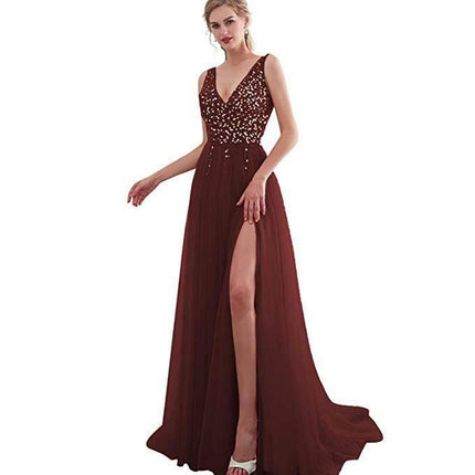 V Neck Backless Prom Dresses for Women Sequin Formal Evening Gowns Tulle Long Dress