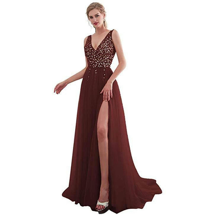 V Neck Backless Prom Dresses for Women Sequin Formal Evening Gowns Tulle Long Dress