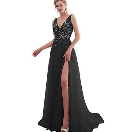 V Neck Backless Prom Dresses for Women Sequin Formal Evening Gowns Tulle Long Dress