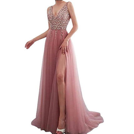 V Neck Backless Prom Dresses for Women Sequin Formal Evening Gowns Tulle Long Dress