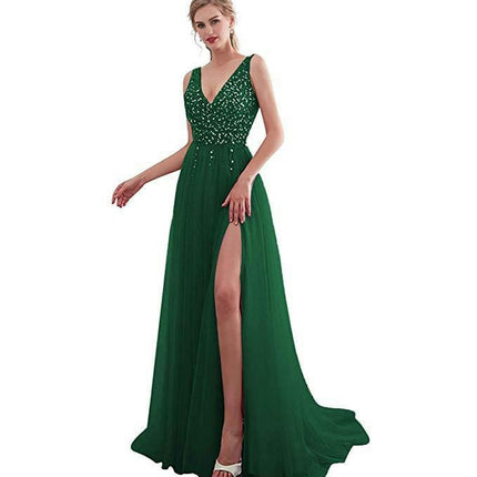 V Neck Backless Prom Dresses for Women Sequin Formal Evening Gowns Tulle Long Dress