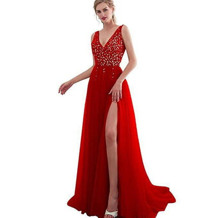 V Neck Backless Prom Dresses for Women Sequin Formal Evening Gowns Tulle Long Dress