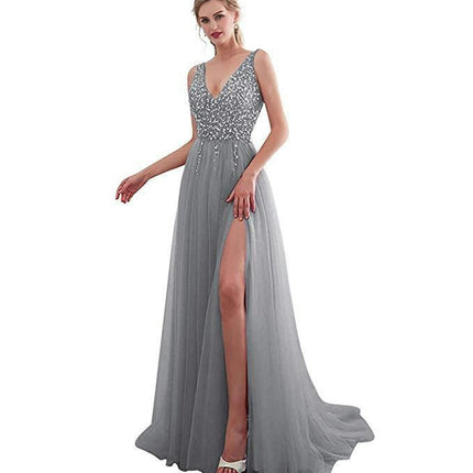 V Neck Backless Prom Dresses for Women Sequin Formal Evening Gowns Tulle Long Dress