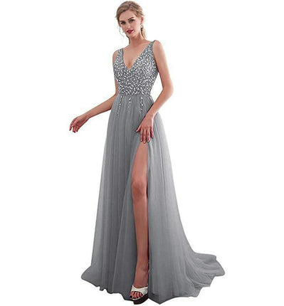 V Neck Backless Prom Dresses for Women Sequin Formal Evening Gowns Tulle Long Dress