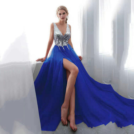 V Neck Backless Prom Dresses for Women Sequin Formal Evening Gowns Tulle Long Dress