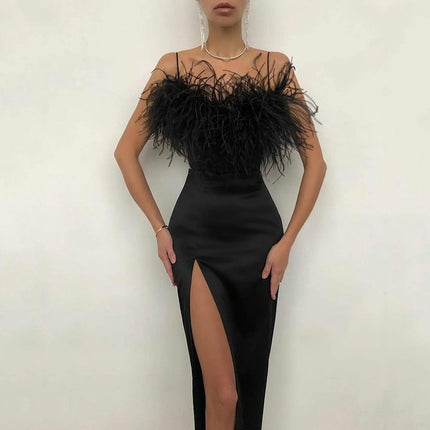 Women's Prom Dresses with Slit Spaghetti Straps Feather Bodycon Formal Evening Gowns