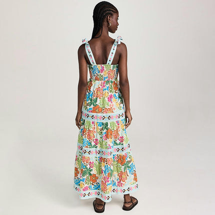 Women's Summer Boho Floral Print Long Dress Spaghetti Strap Sleeveless Flowy Maxi Dress