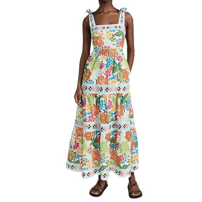 Women's Summer Boho Floral Print Long Dress Spaghetti Strap Sleeveless Flowy Maxi Dress