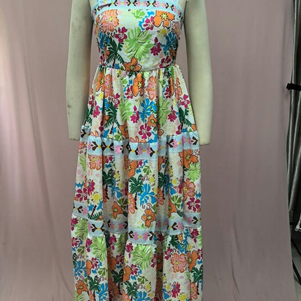 Women's Summer Boho Floral Print Long Dress Spaghetti Strap Sleeveless Flowy Maxi Dress