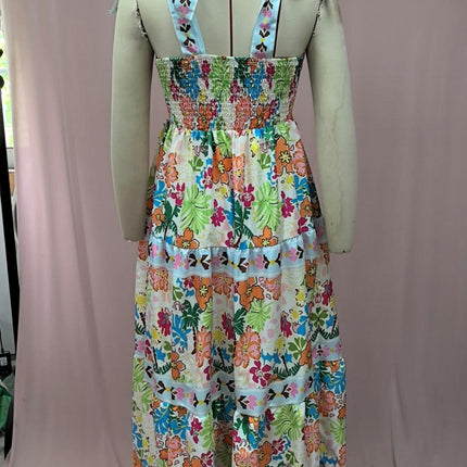 Women's Summer Boho Floral Print Long Dress Spaghetti Strap Sleeveless Flowy Maxi Dress