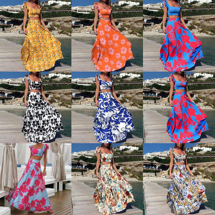 Womens Summer 2 Pieces Outfits Ruffle Floral Tank Top Wrap Long Skirt Set