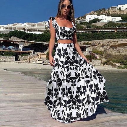 Womens Summer 2 Pieces Outfits Ruffle Floral Tank Top Wrap Long Skirt Set