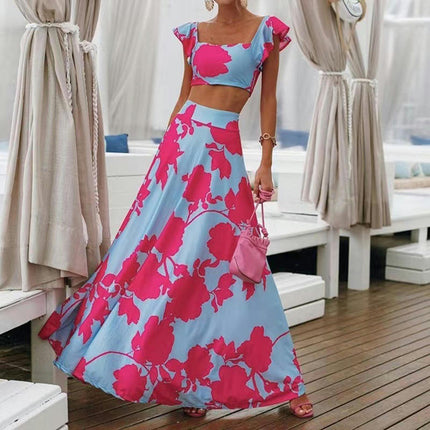 Womens Summer 2 Pieces Outfits Ruffle Floral Tank Top Wrap Long Skirt Set